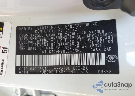 2022 Toyota Camry Le from USA, damaged, VIN 4T1C11AK8NU049667